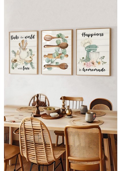 “bake The World With Love” Mutfak Temalı Çerçeveli 3’lü Tablo Seti – Uv Baskılı CRV1046 23 x 32 fiyatları