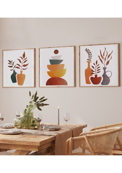 🧡 Doğal Renklerle Dekoratif Minimal Vazo ve Kase 3'lü Mdf Tablo Seti KR4058 23 x 23 fiyatları
