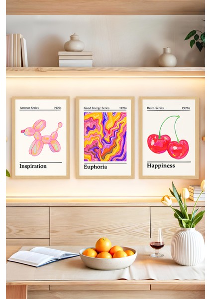 🍒ilham Veren Renkler Balon Köpek, Renk Dalgaları Kiraz Temalı Çerçeve Görünümlü TABLOSET🌟CRVS1165 13 x 17