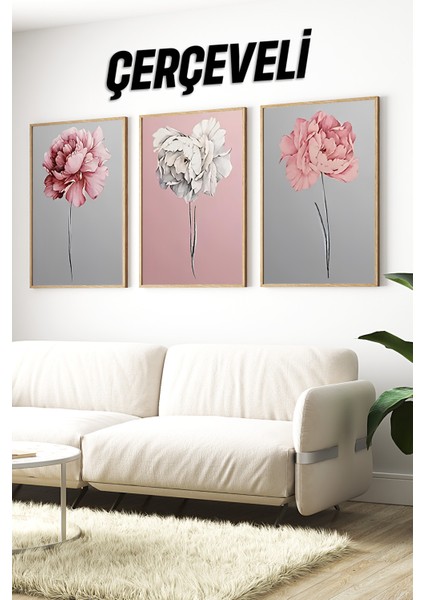 🌸 Pembe, Beyaz ve Gri Zemin Üzerinde Zarif Çiçek Desenli 3’lü Çerçeveli Tablo Seti🌿 CRV1120 23 x 32