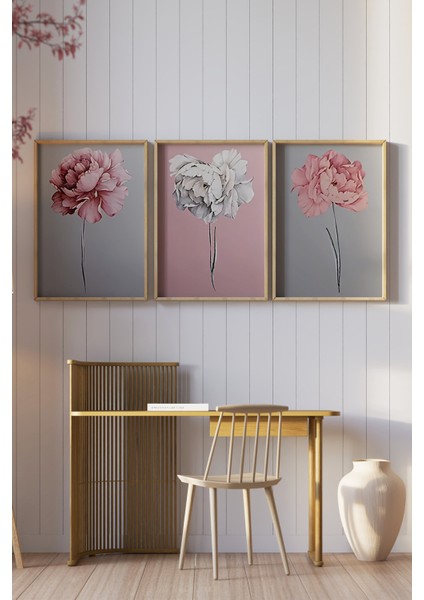 🌸 Pembe, Beyaz ve Gri Zemin Üzerinde Zarif Çiçek Desenli 3’lü Çerçeveli Tablo Seti🌿 CRV1120 23 x 32 fiyatları