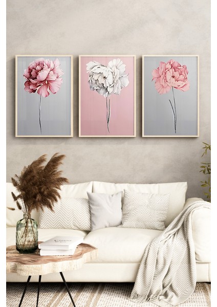 🌸 Pembe, Beyaz ve Gri Zemin Üzerinde Zarif Çiçek Desenli 3’lü Çerçeveli Tablo Seti🌿 CRV1120 23 x 32 fırsatları