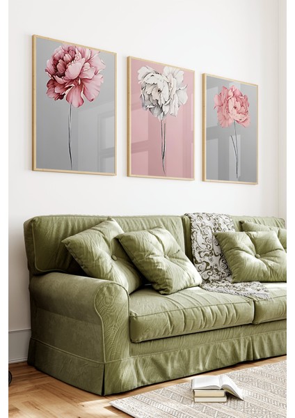 🌸 Pembe, Beyaz ve Gri Zemin Üzerinde Zarif Çiçek Desenli 3’lü Çerçeveli Tablo Seti🌿 CRV1120 23 x 32 indirimleri