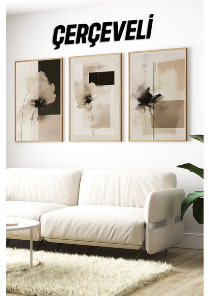 🌿 Bej Tonlarında Soyut Çiçek Desenli 3’lü Çerçeveli Tablo Seti🌿 CRV1173 23 x 32