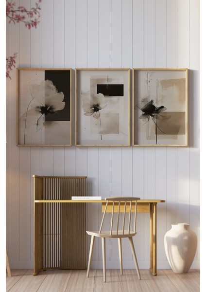 🌿 Bej Tonlarında Soyut Çiçek Desenli 3’lü Çerçeveli Tablo Seti🌿 CRV1173 23 x 32 fiyatları