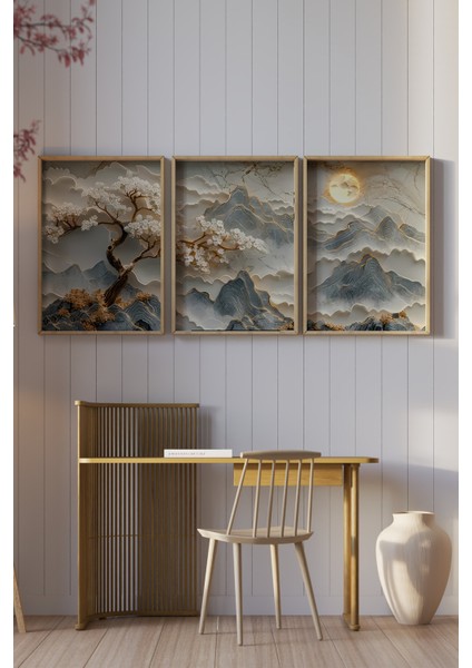 🖼️ 3'lü Çerçeveli Dağ ve Çiçek Temalı Mdf Tablo Seti | Yüksek Kalite Uv Baskı | CRV1037 23 x 32 fiyatları