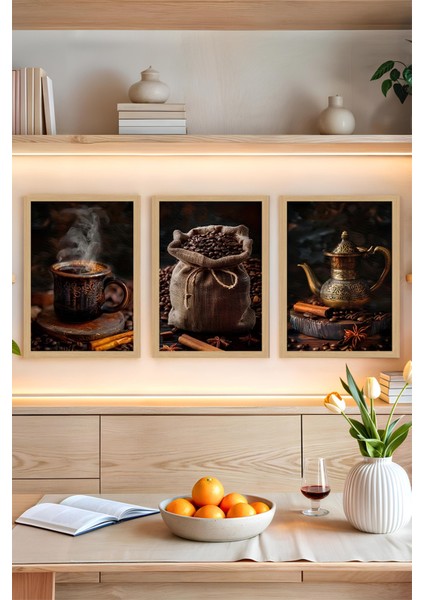 🖼️ 3'lü Çerçeve Görünümlü Kahve Temalı Tablo Seti – Mdf Zeminli Uv Baskı CRVS1006 13 x 17