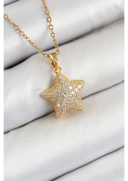 316L Çelik Zirkon Taşlı Yıldız Model Gold Renk Kadın Kolye - TJ-BKO10351