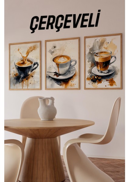☕ Su Sıçramalı Kahve Tablosu Seti – Ahşap Çerçeveli 3'lü Mdf Uv Baskı Dekor CRV1004 23 x 32