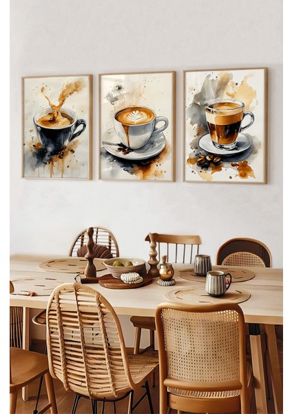 ☕ Su Sıçramalı Kahve Tablosu Seti – Ahşap Çerçeveli 3'lü Mdf Uv Baskı Dekor CRV1004 23 x 32 fiyatları