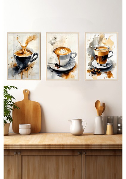 ☕ Su Sıçramalı Kahve Tablosu Seti – Ahşap Çerçeveli 3'lü Mdf Uv Baskı Dekor CRV1004 23 x 32 fırsatları