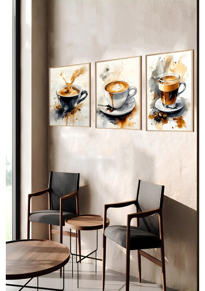 ☕ Su Sıçramalı Kahve Tablosu Seti – Ahşap Çerçeveli 3'lü Mdf Uv Baskı Dekor CRV1004 23 x 32 indirimleri