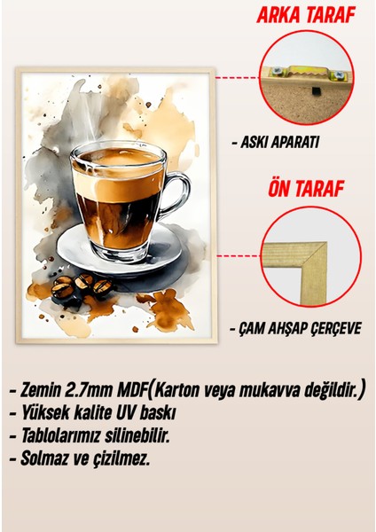 ☕ Su Sıçramalı Kahve Tablosu Seti – Ahşap Çerçeveli 3'lü Mdf Uv Baskı Dekor CRV1004 23 x 32