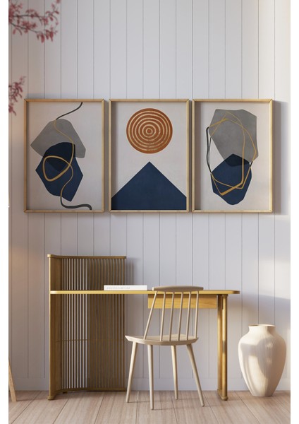 🌟 Geometrik Formlarda Soyut Sanat: 3'lü Ahşap Çerçeveli Tablo Seti 🌟🌿 CRV1141 23 x 32 fiyatları