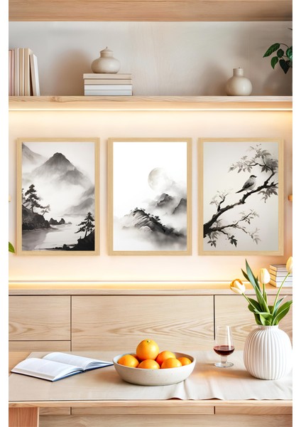🌿 Doğanın Fısıltısı: Siyah Beyaz Mürekkep Sanatıyla 3’lü Tablo Seti 🌕🌟 CRVS1105 13 x 17