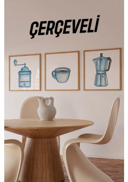🔵 Maviyle Başlayan Lezzetli Hikâyeler – 3’lü Mdf Kahve Temalı Çerçeveli Tablo Seti KR4060 23 x 23