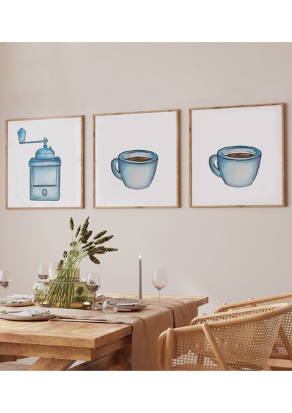 🔵 Maviyle Başlayan Lezzetli Hikâyeler – 3’lü Mdf Kahve Temalı Çerçeveli Tablo Seti KR4060 23 x 23 fiyatları