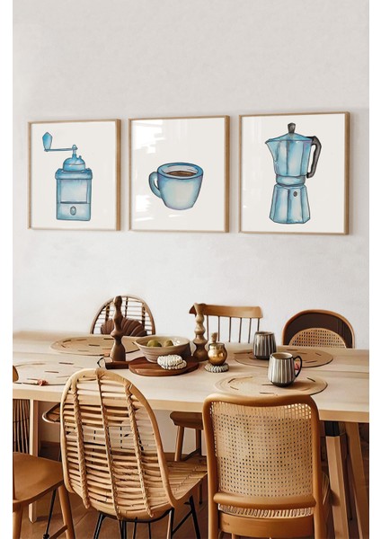 🔵 Maviyle Başlayan Lezzetli Hikâyeler – 3’lü Mdf Kahve Temalı Çerçeveli Tablo Seti KR4060 23 x 23 modelleri