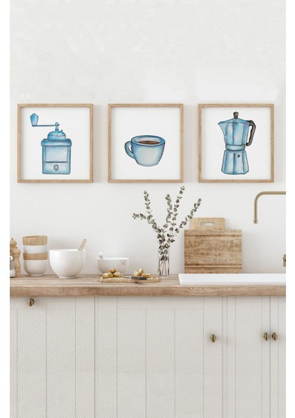 🔵 Maviyle Başlayan Lezzetli Hikâyeler – 3’lü Mdf Kahve Temalı Çerçeveli Tablo Seti KR4060 23 x 23 fırsatları