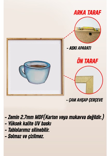 🔵 Maviyle Başlayan Lezzetli Hikâyeler – 3’lü Mdf Kahve Temalı Çerçeveli Tablo Seti KR4060 23 x 23