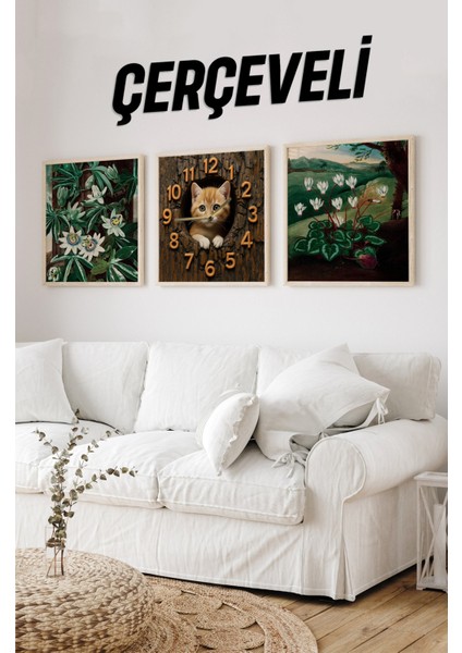 Ahşap Çerçeveli Mdf Tablo Seti – Kedi Saat & Botanik Görsel (3’lü Kombin) 23 x 23