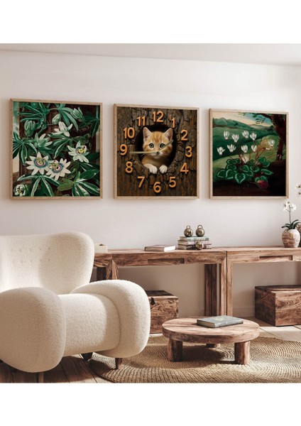 Ahşap Çerçeveli Mdf Tablo Seti – Kedi Saat & Botanik Görsel (3’lü Kombin) 23 x 23 modelleri