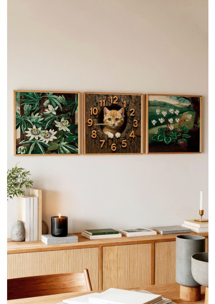 Ahşap Çerçeveli Mdf Tablo Seti – Kedi Saat & Botanik Görsel (3’lü Kombin) 23 x 23 indirimleri