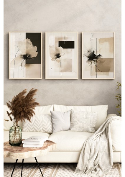 🌿 Bej Tonlarında Soyut Çiçek Desenli 3’lü Çerçeveli Tablo Seti🌿 CRV1173 23 x 32 fırsatları