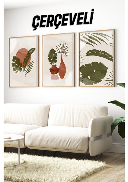 🖼️tropikal Bitkiler ve Vazo Desenli Modern 3'lü Tablo Seti – Ahşap Çerçeveli🌿 CRV1133 23 x 32