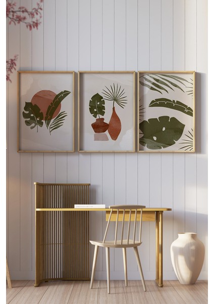 🖼️tropikal Bitkiler ve Vazo Desenli Modern 3'lü Tablo Seti – Ahşap Çerçeveli🌿 CRV1133 23 x 32 fiyatları