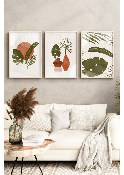 🖼️tropikal Bitkiler ve Vazo Desenli Modern 3'lü Tablo Seti – Ahşap Çerçeveli🌿 CRV1133 23 x 32 fırsatları