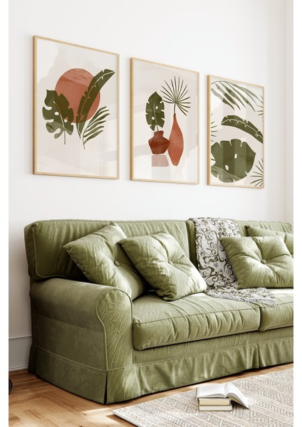 🖼️tropikal Bitkiler ve Vazo Desenli Modern 3'lü Tablo Seti – Ahşap Çerçeveli🌿 CRV1133 23 x 32 indirimleri
