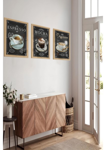☕ Espresso Mocha Cappuccino – 3’lü Mdf Uv Baskılı Kahve Tablo Seti (3 Ebat Seçeneği) CRVS1021 13 x 17