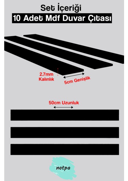 Notpa Dekorasyon Ahşap Şerit Duvar Panelleri Dekoratif Duvar Çıtası 1 Paket(10 Adet) 50 cm modelleri
