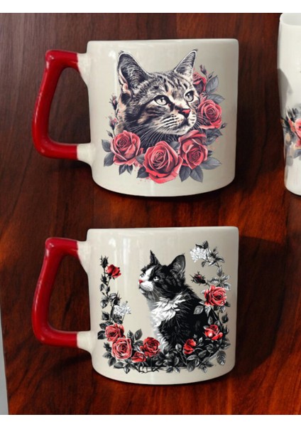 Çiçekli Tatlı Kedi Baskılı 2'li Kahve Bardağı Seramik Kupa - Seramik Çay, Kahve Hediyelik Bardağı