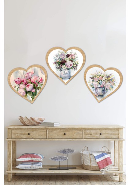 Kalp Şeklinde Çiçek Desenli 3'lü Ahşap Tablo Seti KT3002 31 x 36