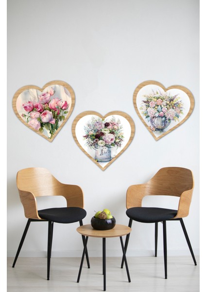Kalp Şeklinde Çiçek Desenli 3'lü Ahşap Tablo Seti KT3002 31 x 36 fiyatları