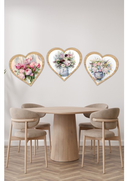 Kalp Şeklinde Çiçek Desenli 3'lü Ahşap Tablo Seti KT3002 31 x 36 modelleri