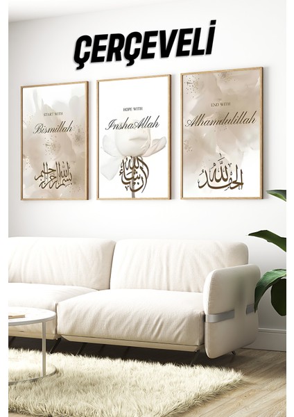 🌸 "bismillah - Inshaallah - Alhamdulillah" 3'lü Çerçeveli Tablo Seti 🌸 CRV1204 23 x 32