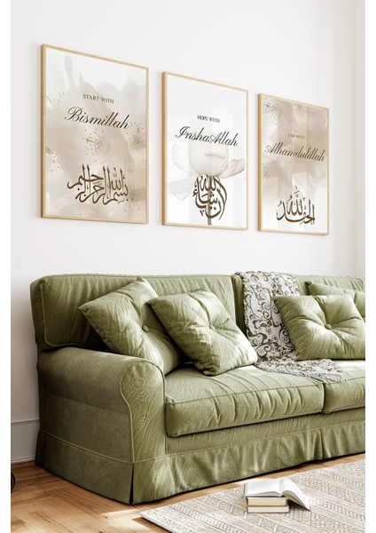 🌸 "bismillah - Inshaallah - Alhamdulillah" 3'lü Çerçeveli Tablo Seti 🌸 CRV1204 23 x 32 indirimleri