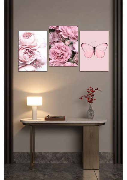Dekorize Mdf 3 Parça Çerçeve Görünümlü Güller ve Kelebek 21X30 13 x 17