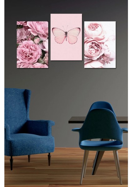 Dekorize Mdf 3 Parça Çerçeve Görünümlü Güller ve Kelebek 21X30 13 x 17 modelleri