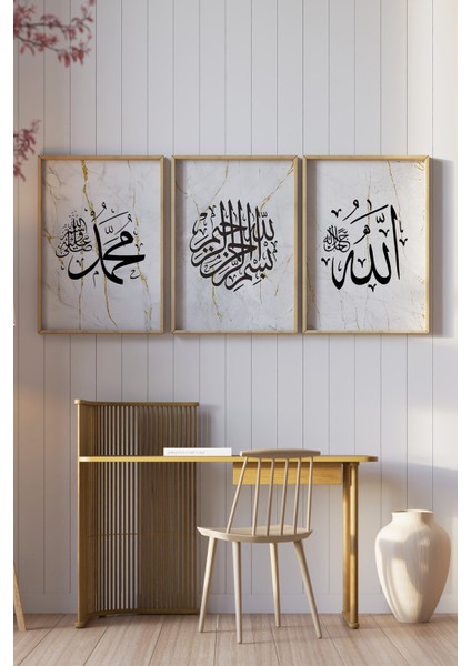 🖼️ Allah - Bismillah - Muhammed Yazılı Mermer Desenli 3’lü Çerçeveli Tablo Seti 🖤✨🌸 CRV1211 23 x 32 fiyatları