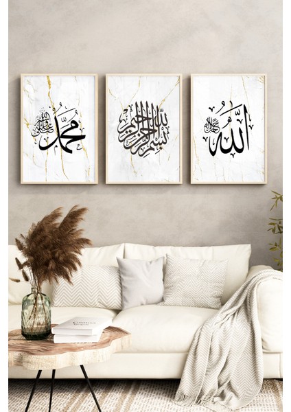 🖼️ Allah - Bismillah - Muhammed Yazılı Mermer Desenli 3’lü Çerçeveli Tablo Seti 🖤✨🌸 CRV1211 23 x 32 fırsatları