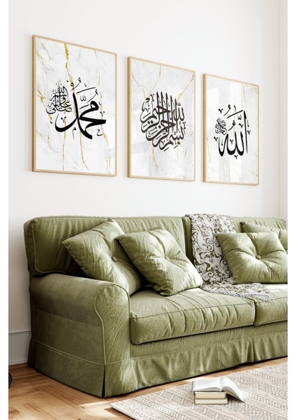 🖼️ Allah - Bismillah - Muhammed Yazılı Mermer Desenli 3’lü Çerçeveli Tablo Seti 🖤✨🌸 CRV1211 23 x 32 indirimleri