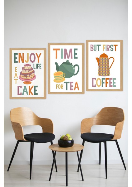 🍰☕ Enjoy Lıfe | Tıme For Tea | But Fırst Coffee – Uv Baskılı 3'lü CRVS1048 13 x 17 modelleri
