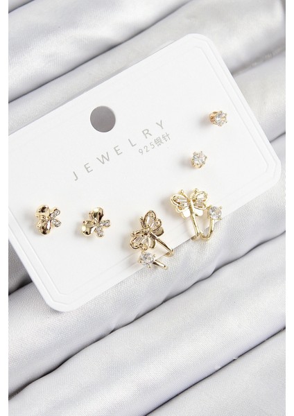 Pirinç Zirkon Taşlı Kelebek Model Gold Renk 925 Ayar Gümüş Çivi Kadın Küpe Set - TJ-BKP11164