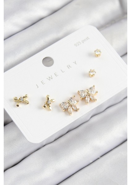 Pirinç Zirkon Taşlı Fiyonk Model Gold Renk 925 Ayar Gümüş Çivi Kadın Küpe Set - TJ-BKP11174