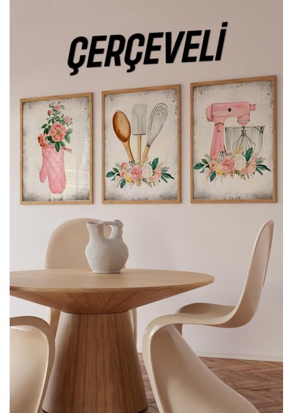 🌸 Pembe Çiçekli Vintage Mutfak Temalı 3’lü Tablo Seti – Çerçeveli, Uv Baskılı CRV1049 23 x 32