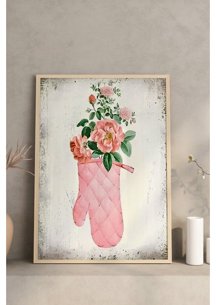 🌸 Pembe Çiçekli Vintage Mutfak Temalı 3’lü Tablo Seti – Çerçeveli, Uv Baskılı CRV1049 23 x 32 modelleri